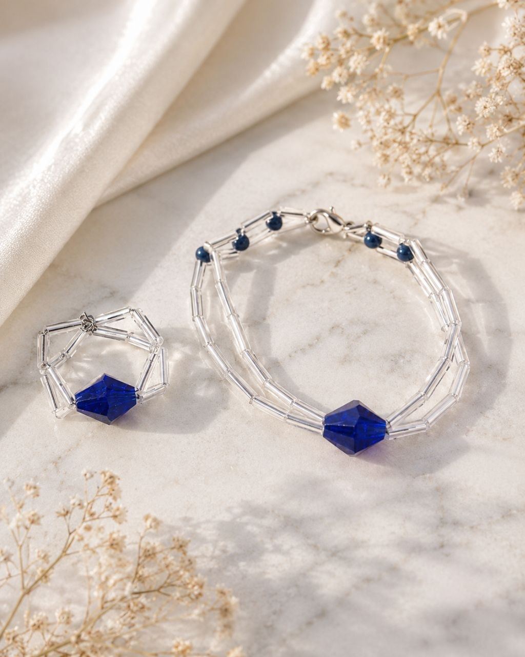 Crystal bracelet and ring on silk