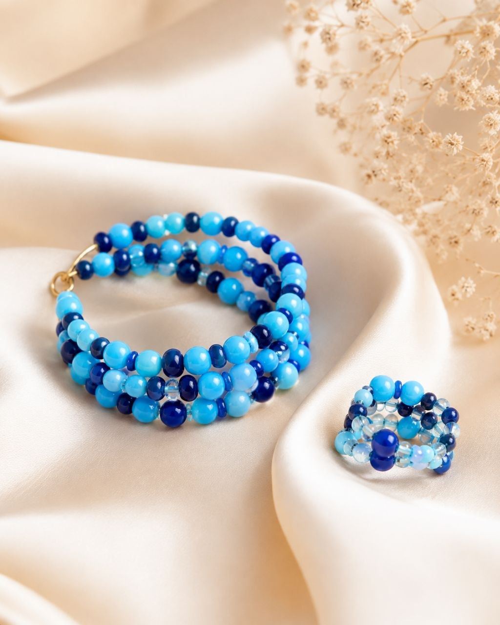 Lagoon bracelet and ring on silk