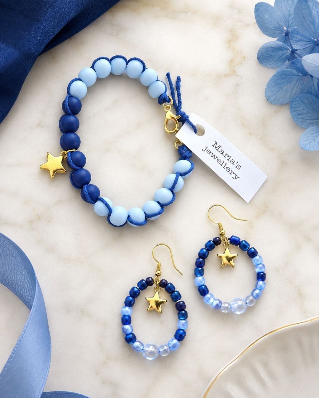 Night Sky bracelet and earrings with gold star charms