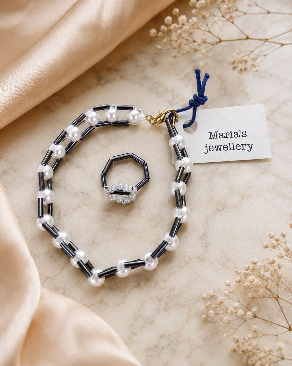Onyx & Pearl bracelet and ring with the MARIA'S hangtag